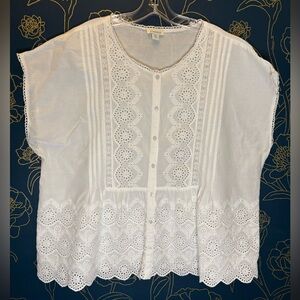SUNDANCE Art of Eyelet COTTON short sleeve button top WHITE plus size XXL